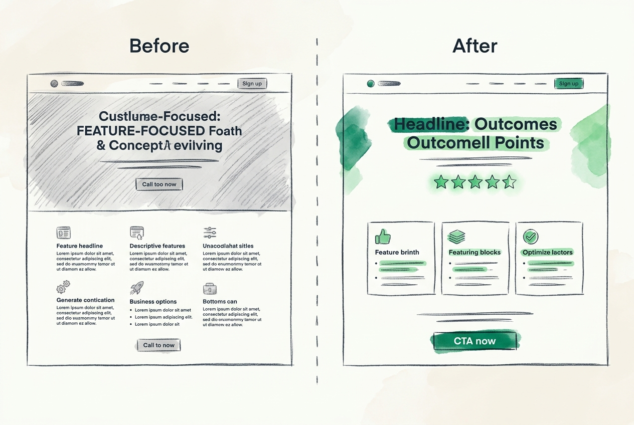Before and after: feature-focused vs outcome-focused hero section