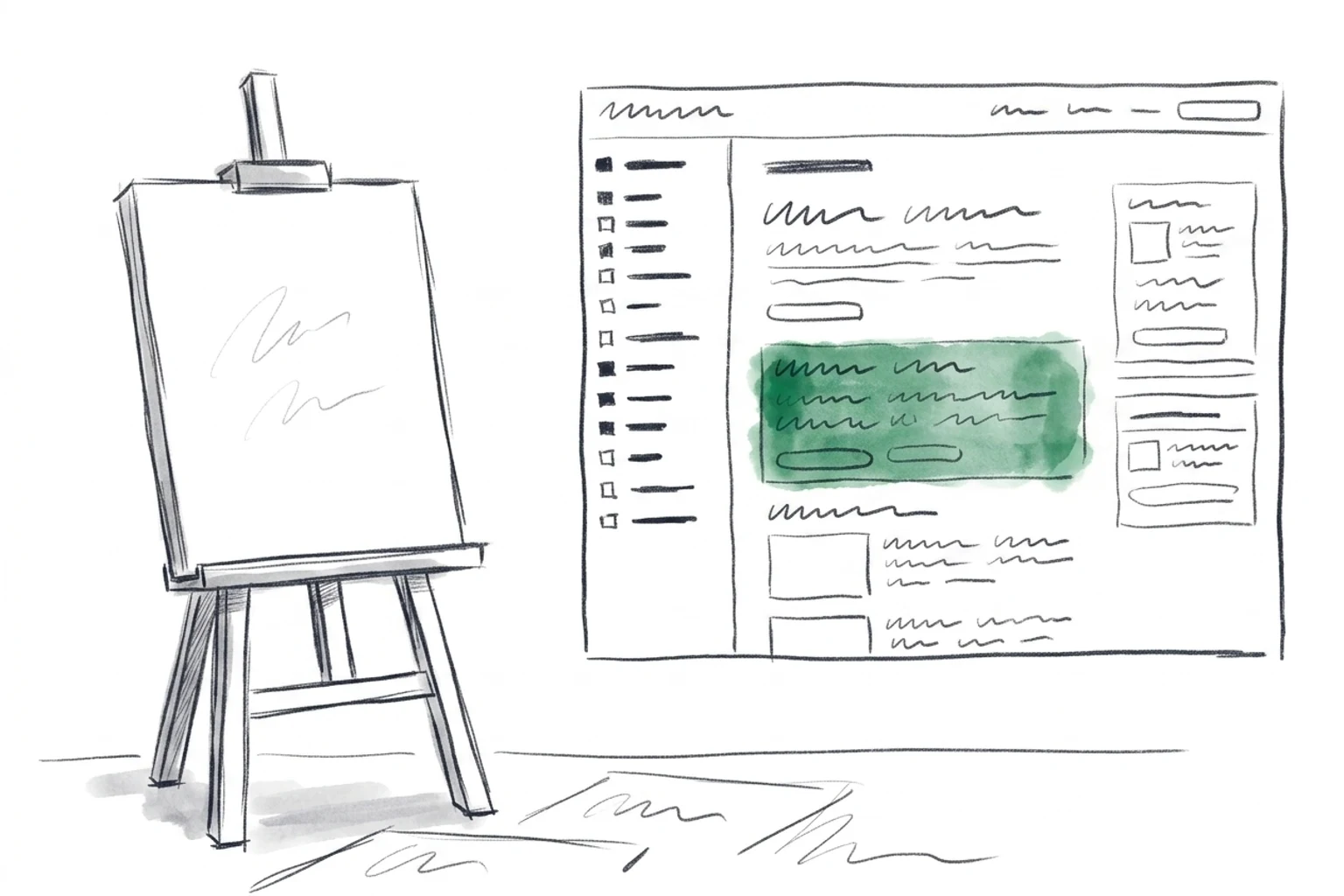 Split illustration: one side sketches a brand-new blank screen from scratch, the other regenerates a weak section inside an already-live web page