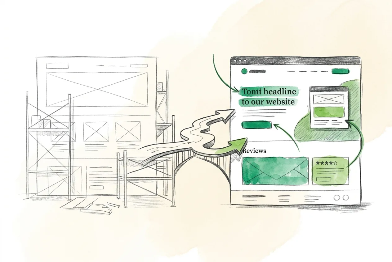 Split illustration showing building new websites versus optimizing existing ones