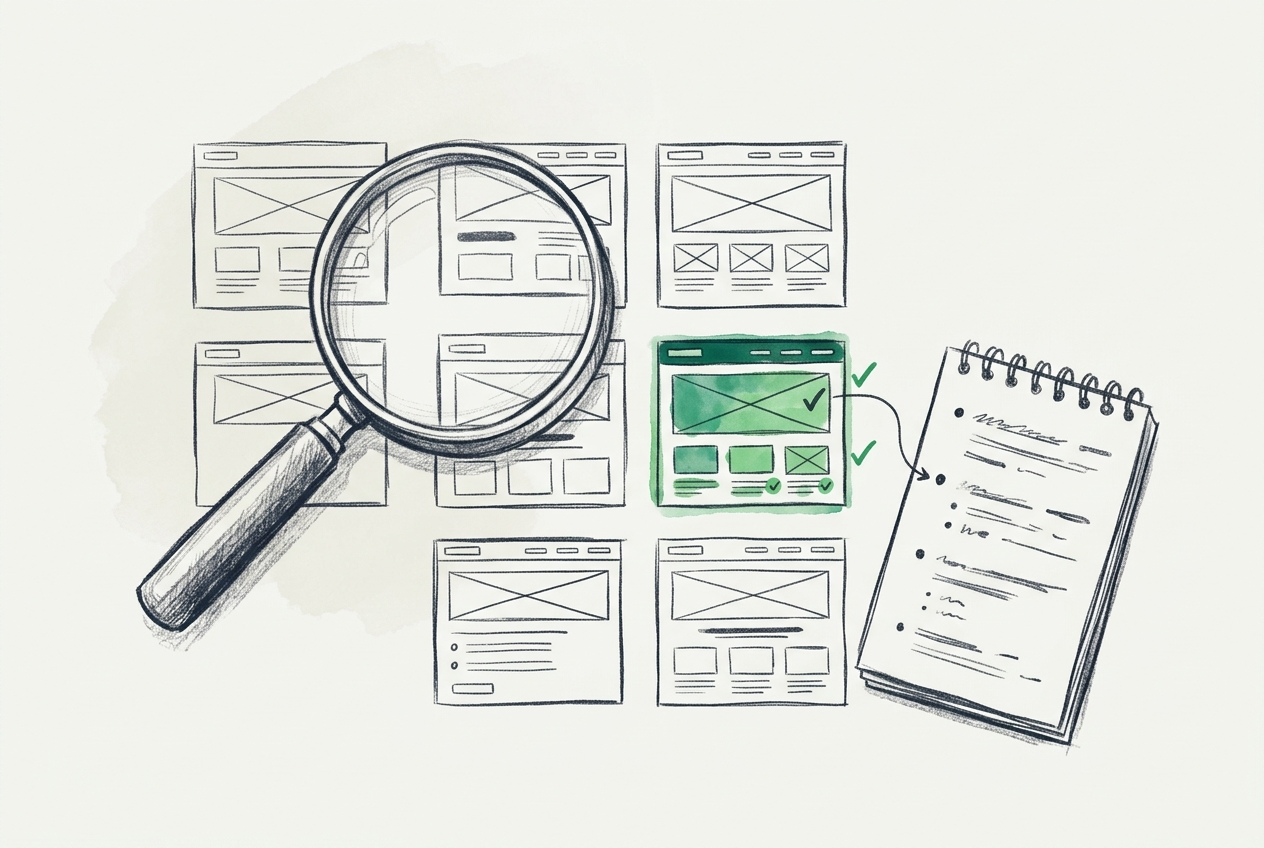 Magnifying glass over competitor website wireframes revealing test ideas