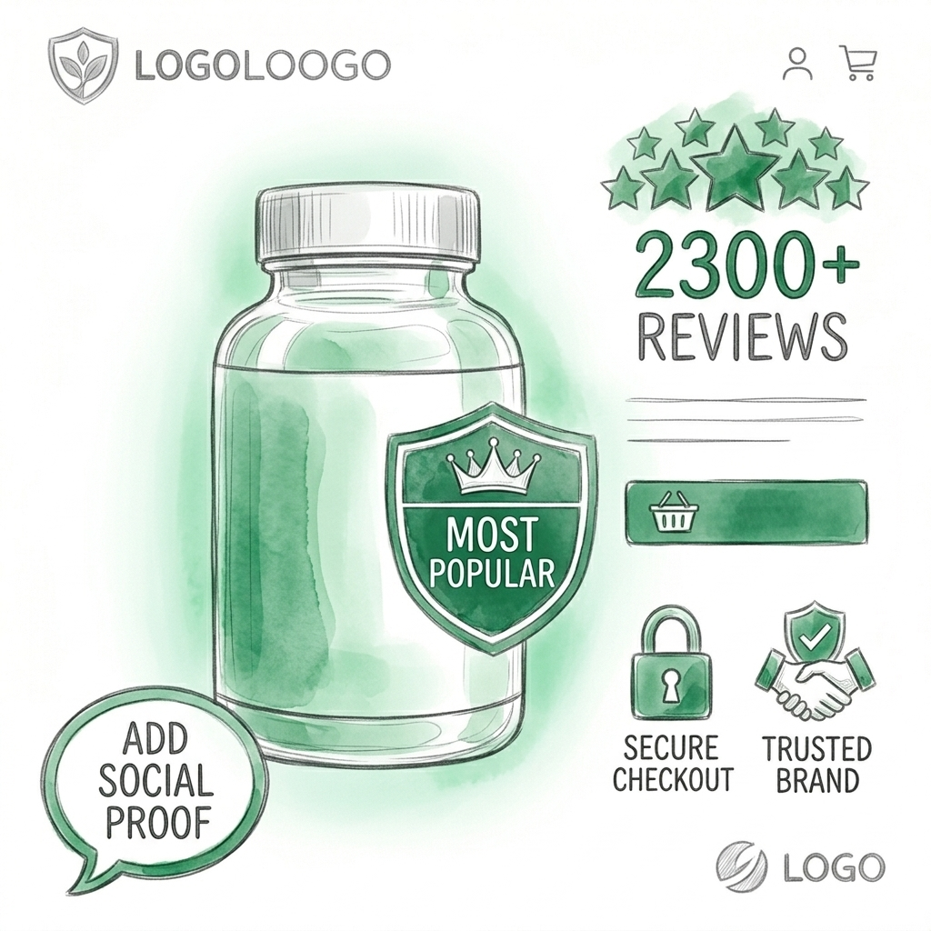 Product page with reviews in hero and monochrome logos