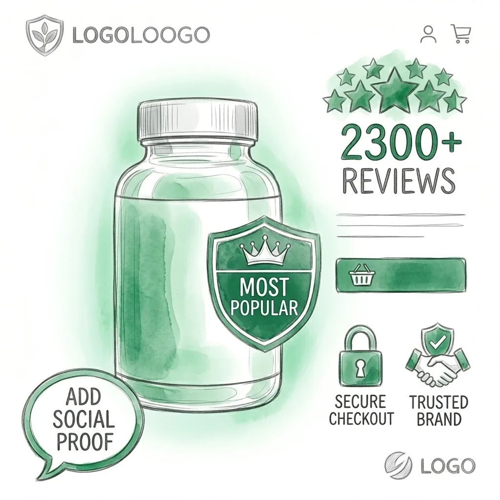 Product page with reviews in hero and monochrome logos