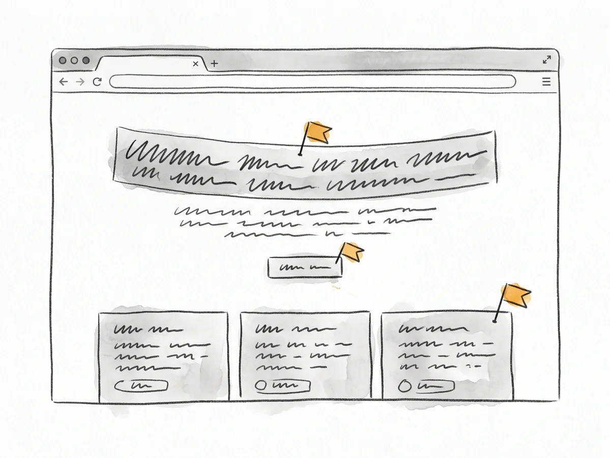 A SaaS landing hero sketched in grey pencil, amber flags marking the sagging headline, the buried button, and the cramped feature row