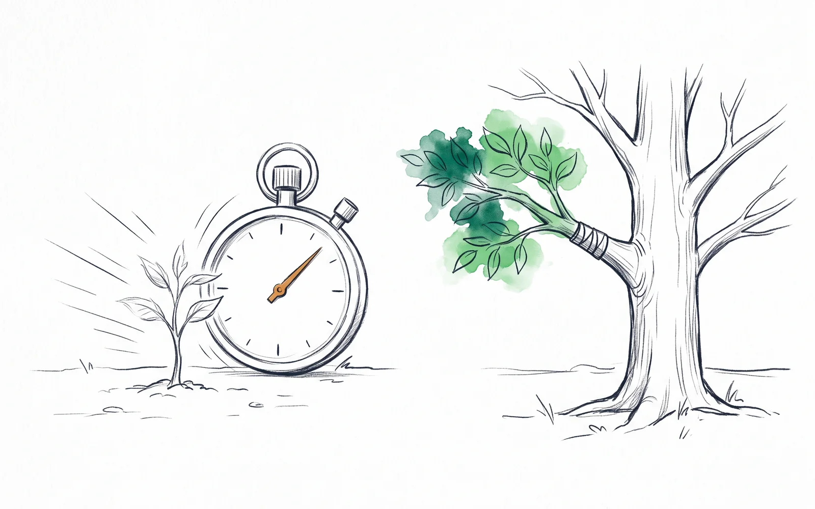 A sapling shooting up beside a stopwatch on bare ground, next to a mature tree with one newly grafted branch leafing out in green