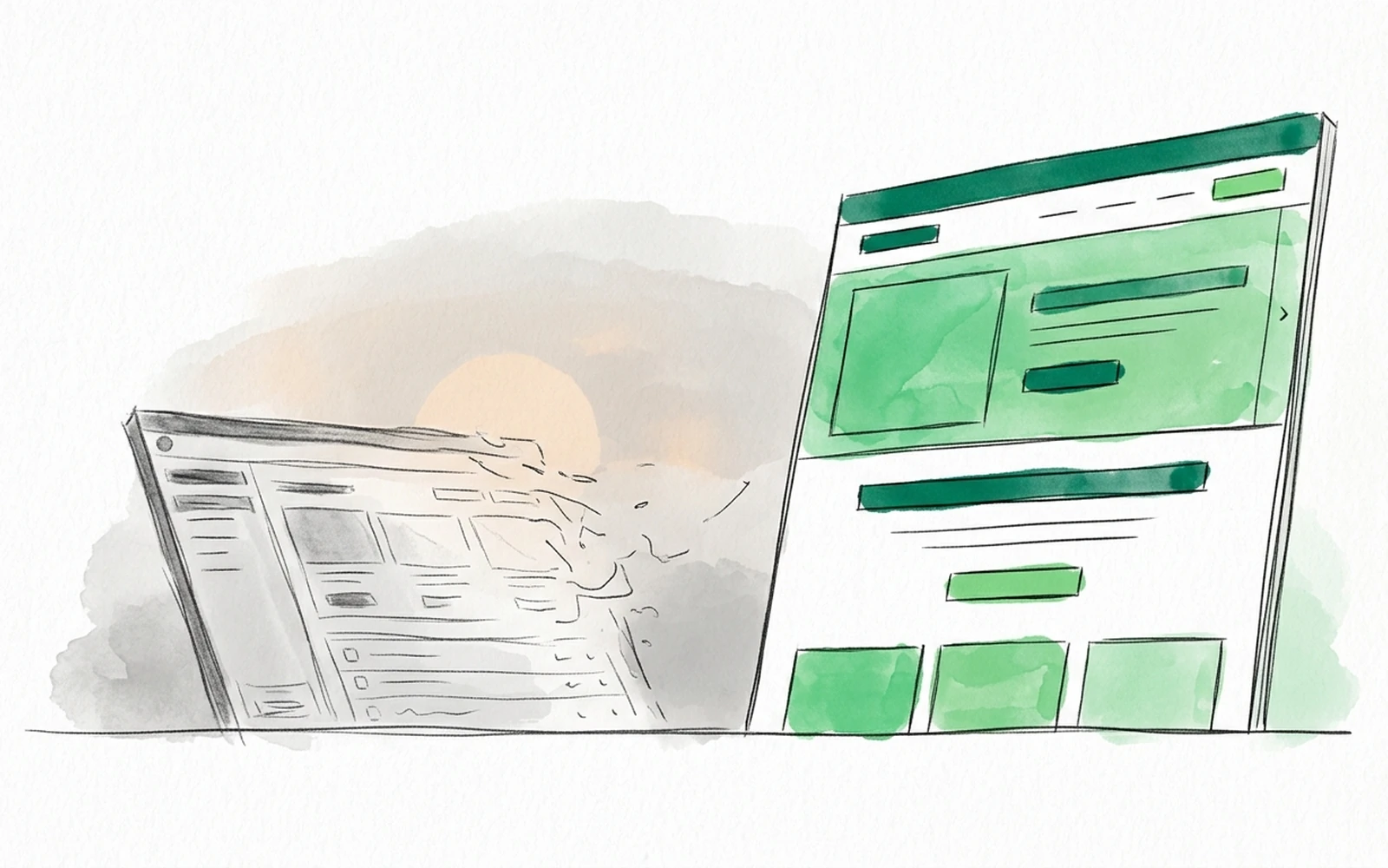 A faded, closed-up testing dashboard fading into a low sunset on one side, and on the other a fresh live web page redrawn with confident linework and a green watercolor wash: the tool that set, the redesign that rises