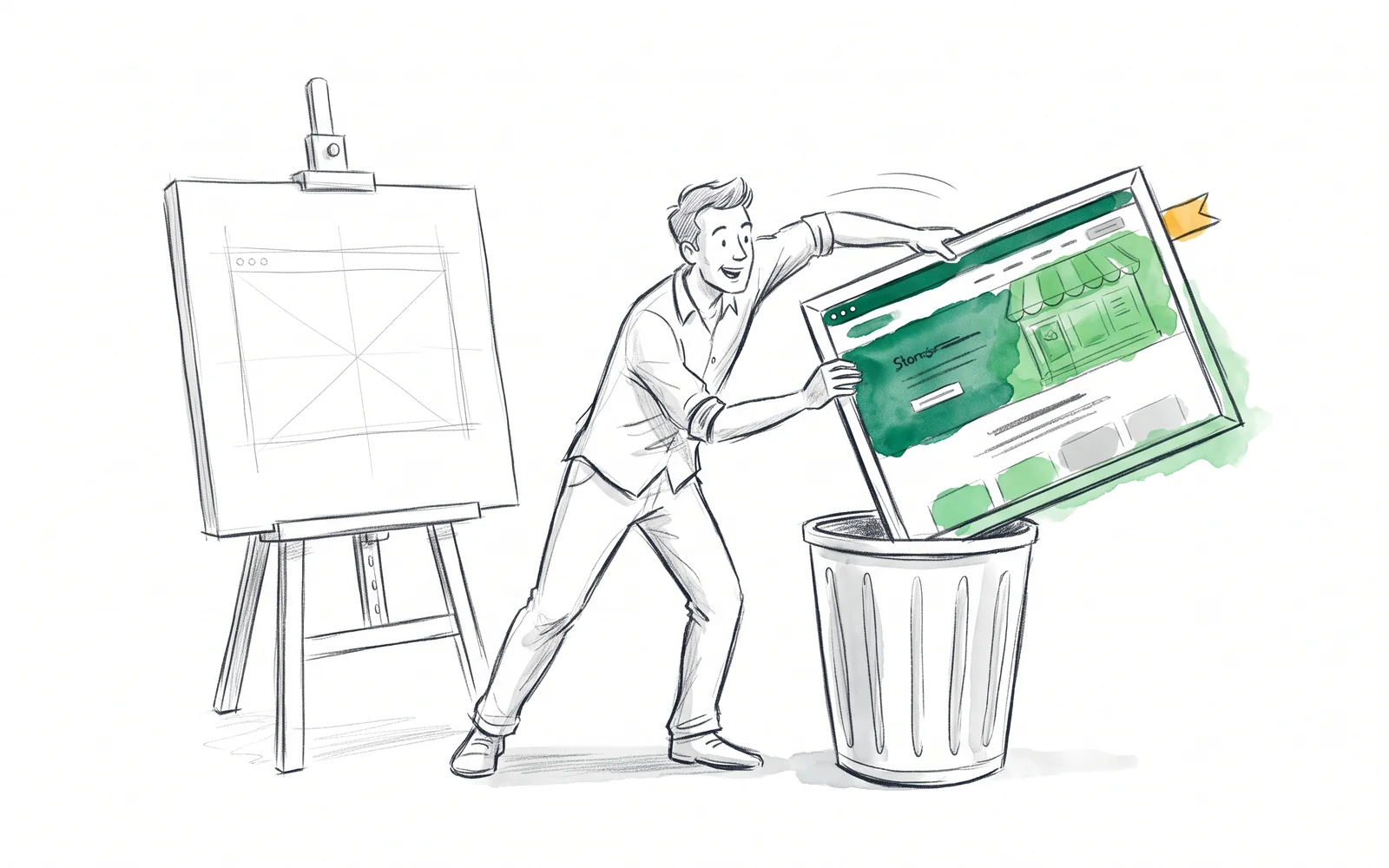 A founder tossing a working website into a bin beside a blank easel: the start-over reflex, the one thing Grona never asks of you