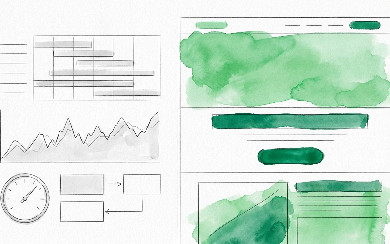An enterprise experiment console of variation timelines and metric charts on one side, and on the other the same live web page redrawn with confident linework and a green watercolor wash, the redesign the console can only run