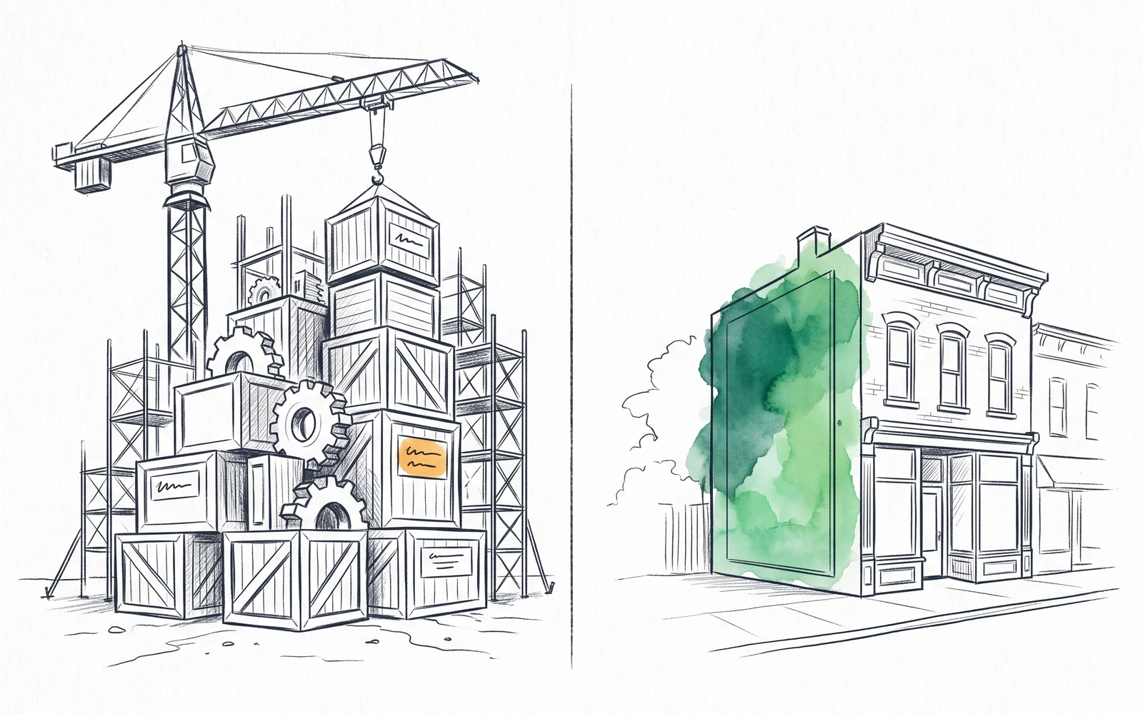 A crane assembling a brand-new building from crates and gears beside an established storefront website, one facade panel freshly renovated in green