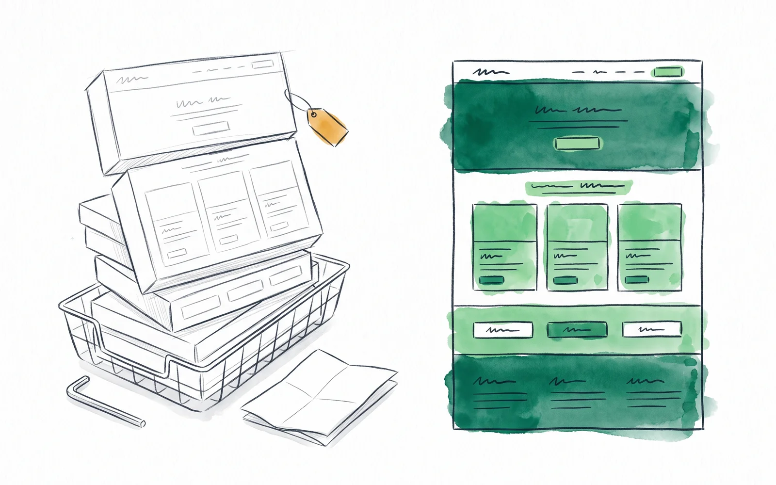 A stack of flat-pack webpage sections waiting in a wire in-tray beside the same page finished, every section installed and washed in green