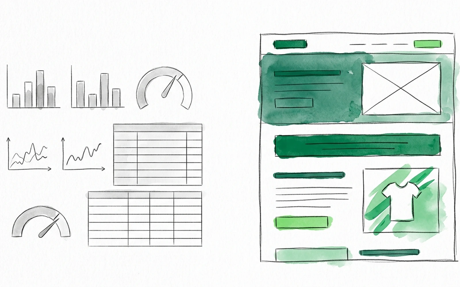 A grid of experiment charts and a variant editor on one side, and on the other the same live web page redrawn with confident linework and a green watercolor wash, the redesign the dashboard can only test