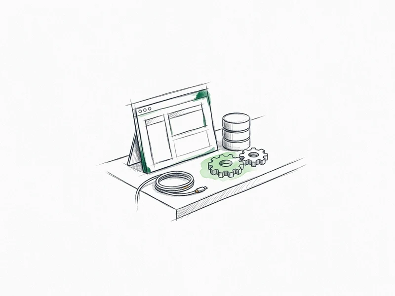 A browser window, a database drum, and interlocking gears sketched in pencil on a workbench: the running full-stack software Replit is built to generate