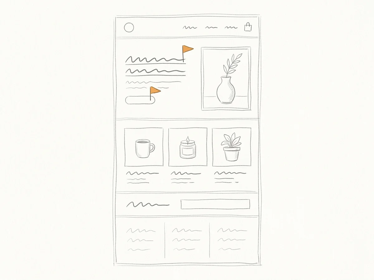 A storefront landing page sketched in hesitant pencil, two amber flags marking the weak hero headline and button