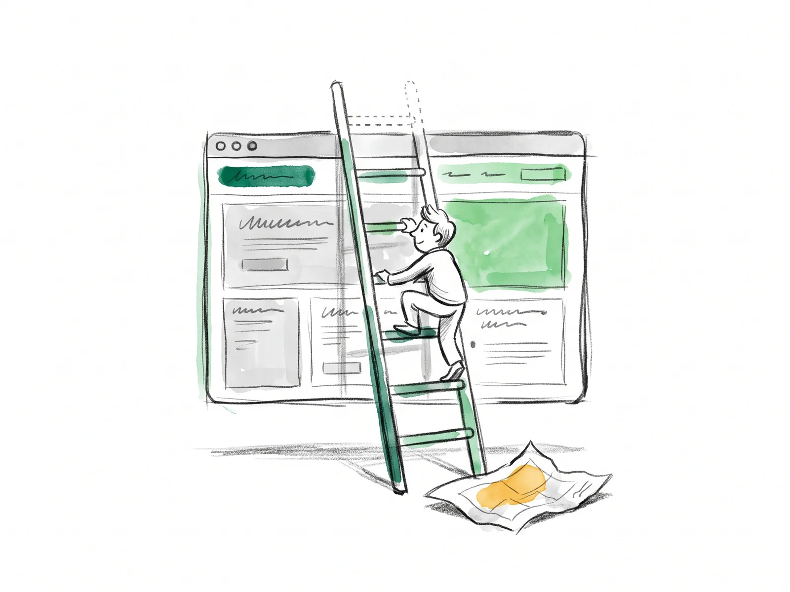 A figure climbing a four-rung green ladder up an oversized sketched browser window, the dotted top rung still unfinished