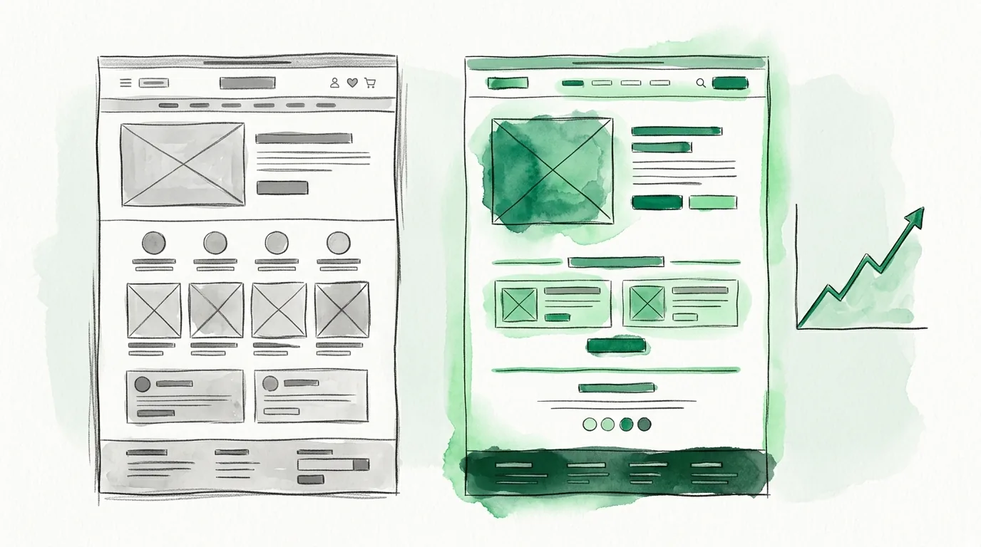 MouthShield product page before-and-after redesign with a rising conversion graph