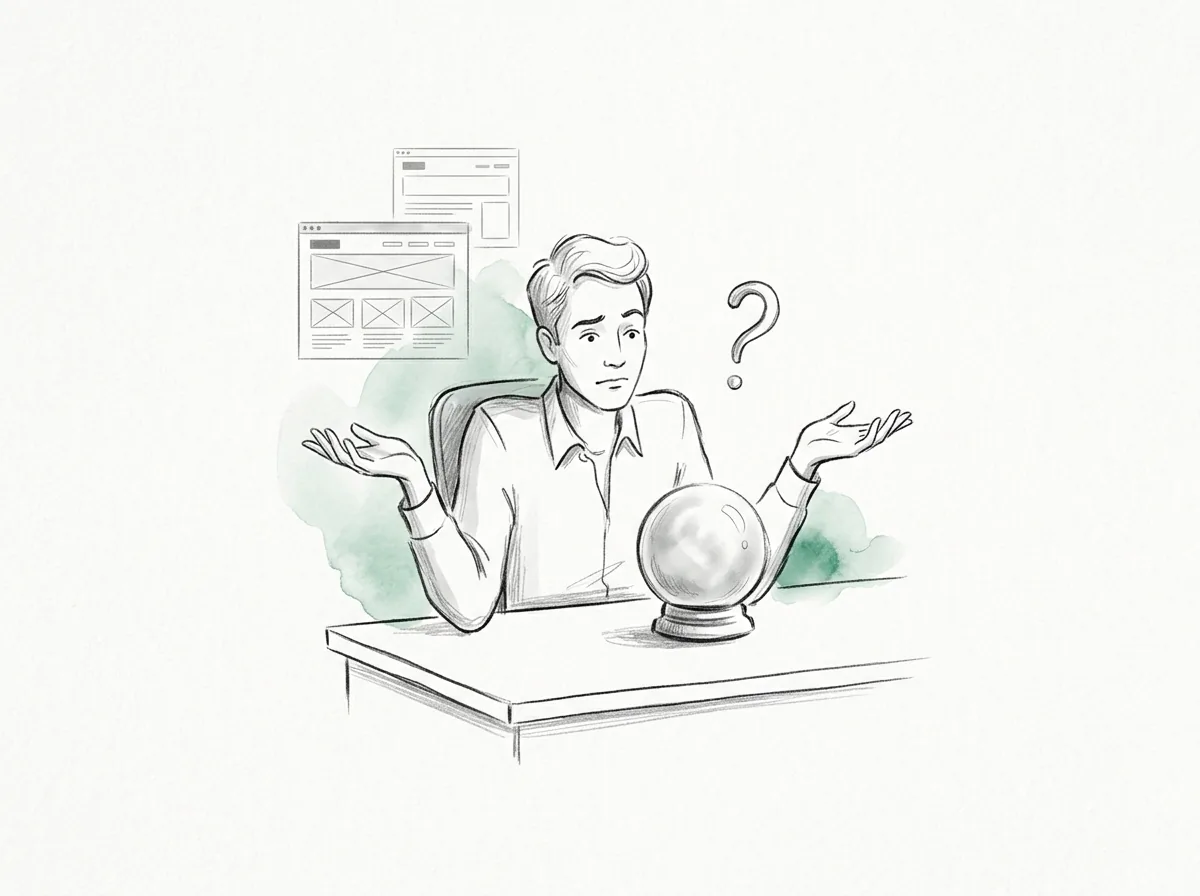 A marketer shrugging at a foggy crystal ball, guessing at website advice
