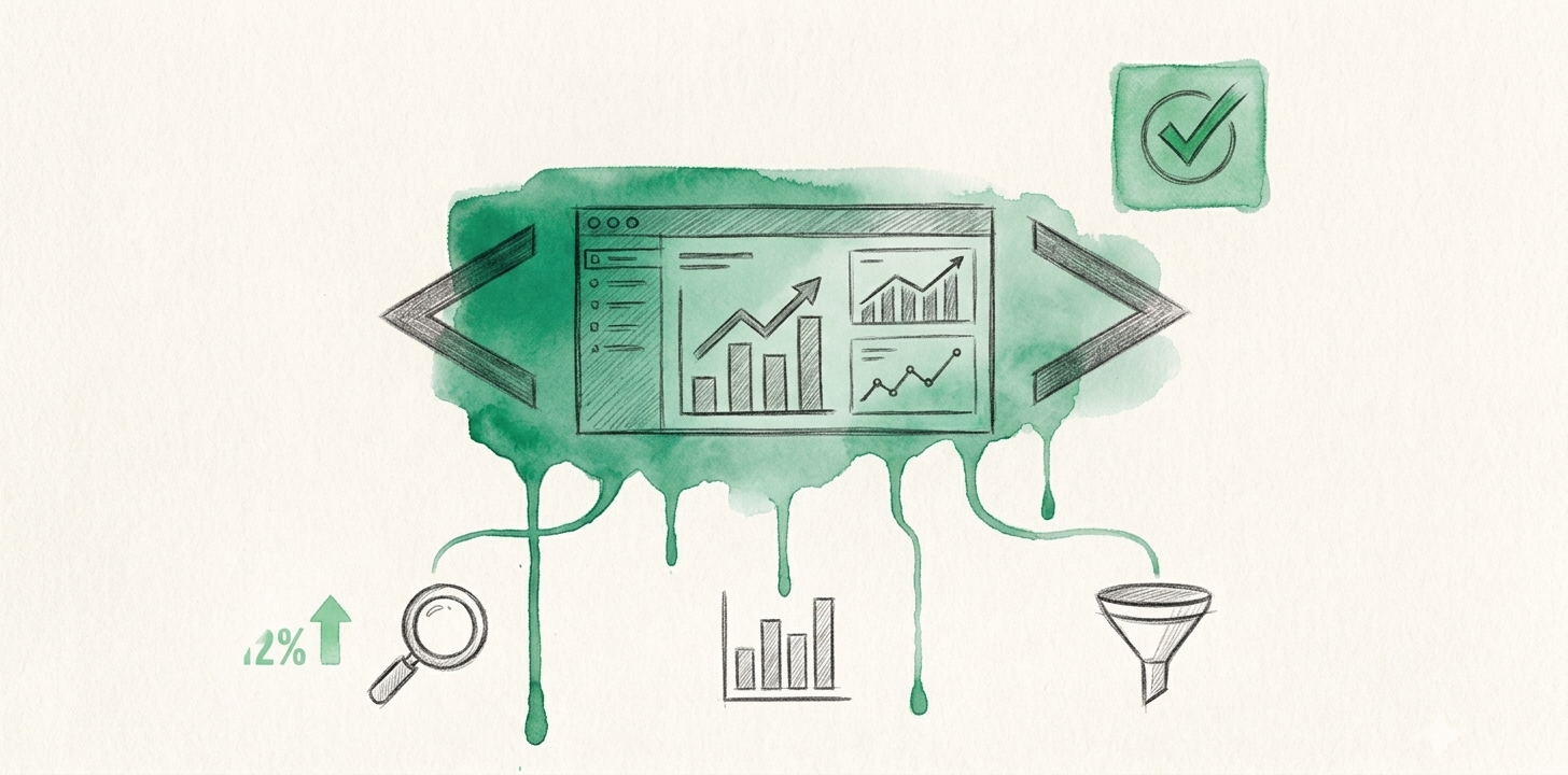 Analytics dashboard with connected data sources showing upward trends