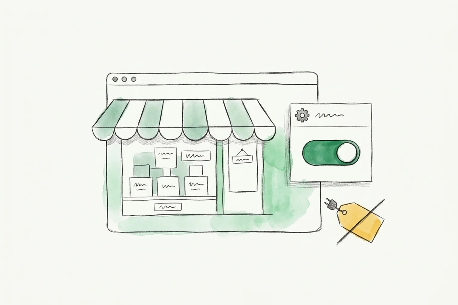 Sketched Shopify storefront window beside a theme-editor App embeds toggle switching on