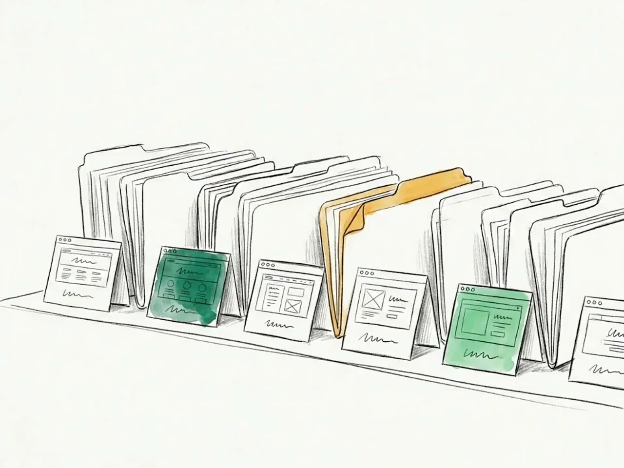 The row of client cards as a matte green wash travels along them one card at a time and a dog-eared folder tab stirs and settles