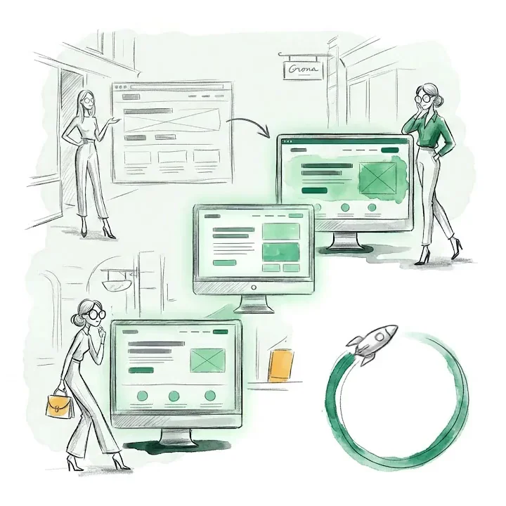 A sketched rocket circling the drawn autopilot loop between still storefront sketches, matte green on paper