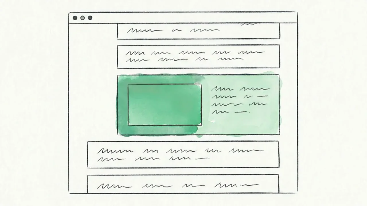 A new page section sliding into an existing browser layout and settling, its image block filling with a matte green wash