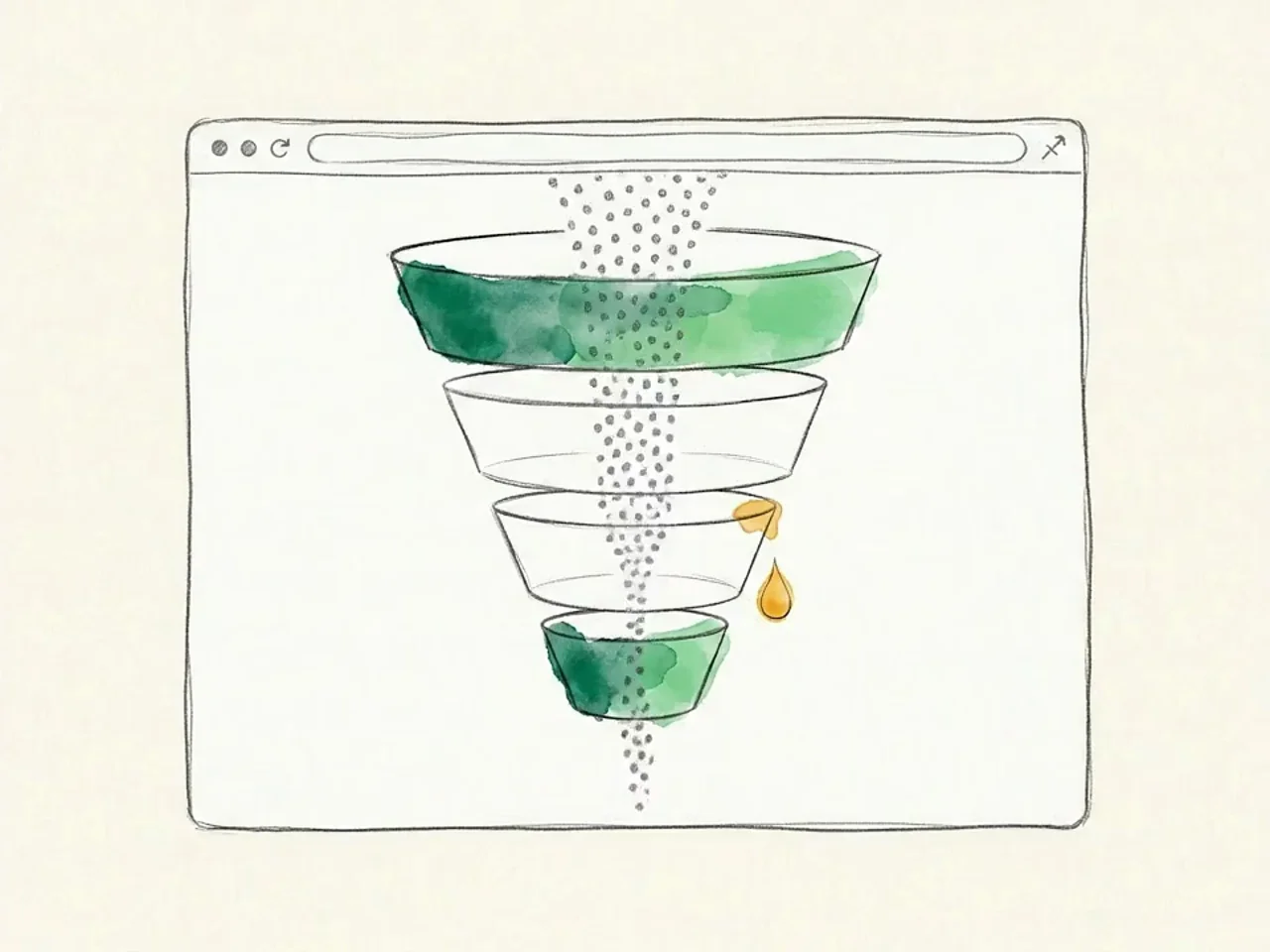 A hand-drawn four-stage signup funnel inside a browser window, a stream of pencil dots flowing down and thinning at the third stage where a small amber pool has gathered